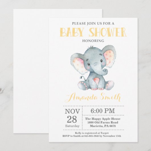 Elephant Baby shower Invitation Yellow and Grey Kaart (Voorkant / Achterkant)