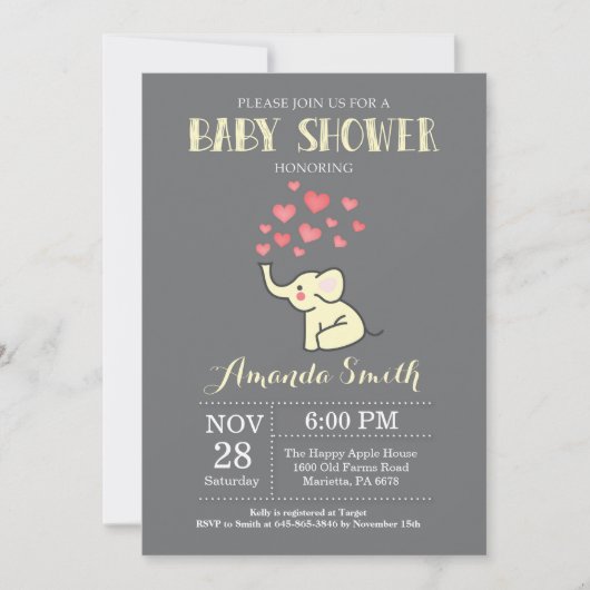 Elephant Baby shower Invitation Yellow and Grey Kaart (Voorkant)