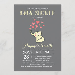 Elephant Baby shower Invitation Yellow and Grey Kaart