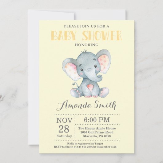 Elephant Baby shower Invitation Yellow and Grey Kaart (Voorkant)