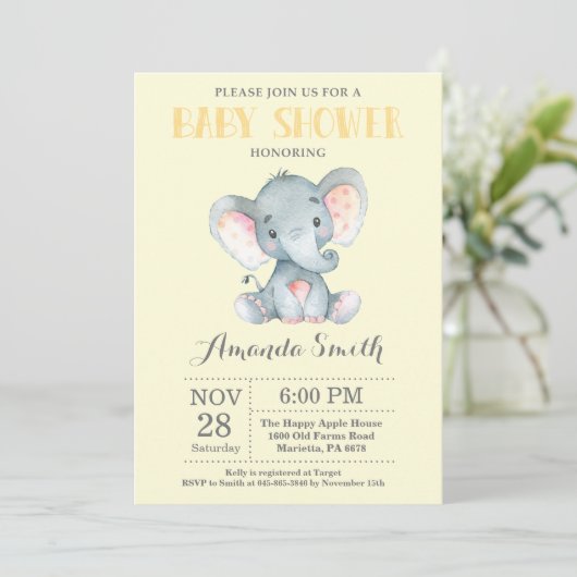Elephant Baby shower Invitation Yellow and Grey Kaart (Staand voorkant)