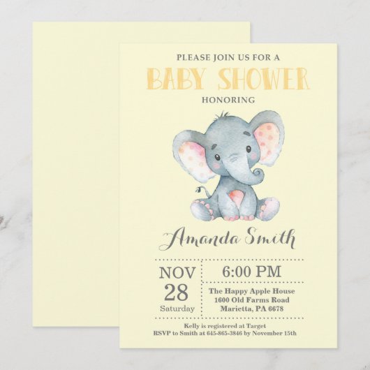 Elephant Baby shower Invitation Yellow and Grey Kaart (Voorkant / Achterkant)