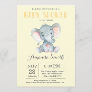 Elephant Baby shower Invitation Yellow and Grey Kaart