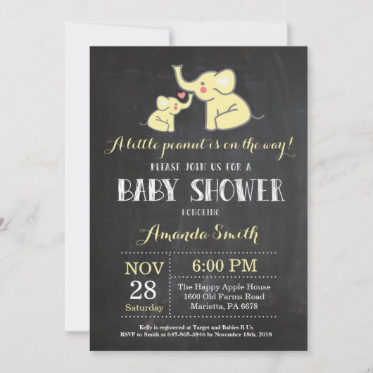 Elephant Baby shower Invitation Yellow and Grey Kaart (Voorkant)