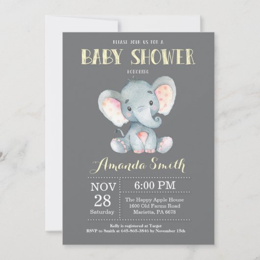 Elephant Baby shower Invitation Yellow and Grey Kaart (Voorkant)