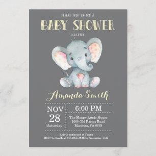 Elephant Baby shower Invitation Yellow and Grey Kaart
