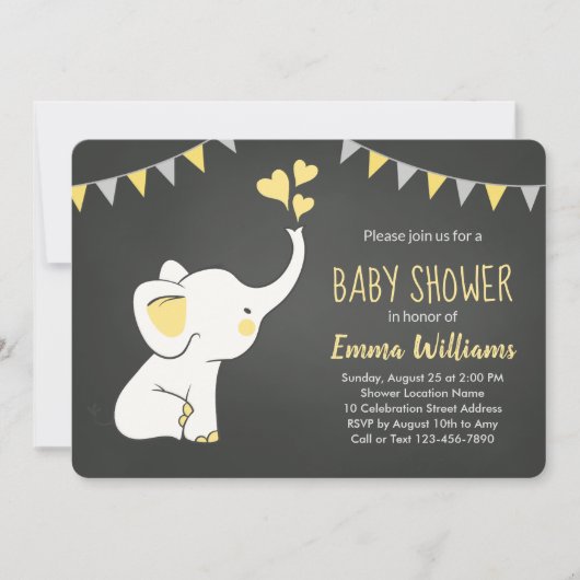 Elephant Baby shower Invitation Yellow Grey Black Kaart (Voorkant)