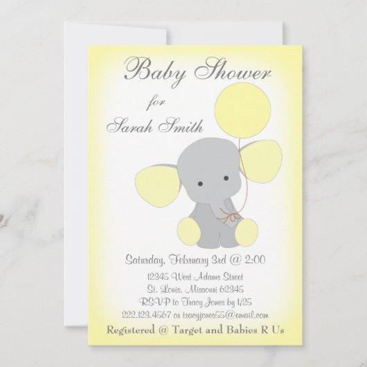 Elephant Baby shower Invitation Yellow Grey Kaart (Voorkant)
