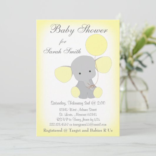 Elephant Baby shower Invitation Yellow Grey Kaart (Staand voorkant)