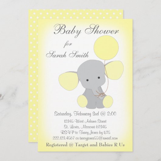 Elephant Baby shower Invitation Yellow Grey Kaart (Voorkant / Achterkant)