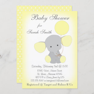 Elephant Baby shower Invitation Yellow Grey Kaart