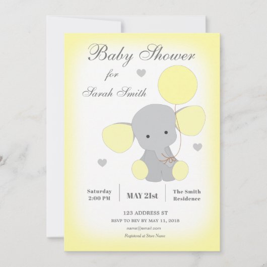 Elephant Baby shower Invitation Yellow Neutraal Kaart (Voorkant)