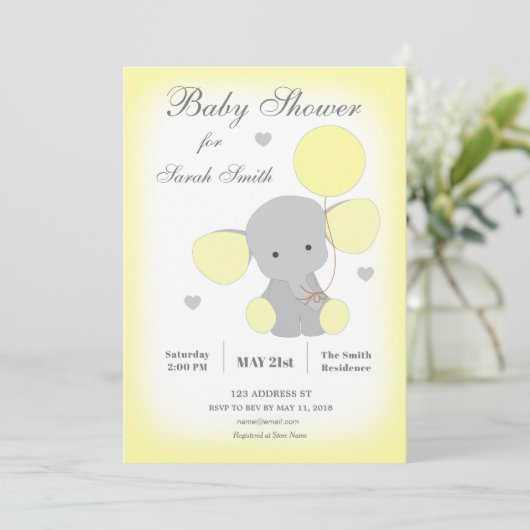 Elephant Baby shower Invitation Yellow Neutraal Kaart (Staand voorkant)