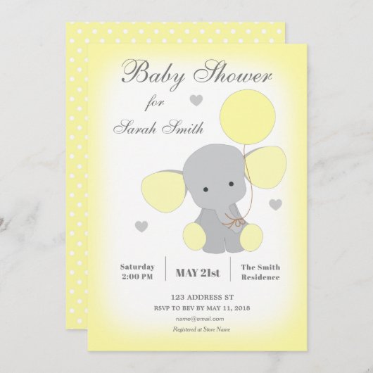 Elephant Baby shower Invitation Yellow Neutraal Kaart (Voorkant / Achterkant)