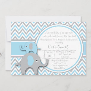 Elephant Baby Shower Invitations, Blue and Grey Kaart