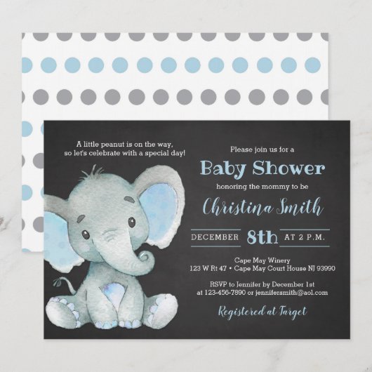 Elephant Baby Shower Invitations for a Boy Kaart (Voorkant / Achterkant)
