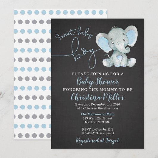 Elephant Baby Shower Invitations for a Boy Kaart (Voorkant / Achterkant)