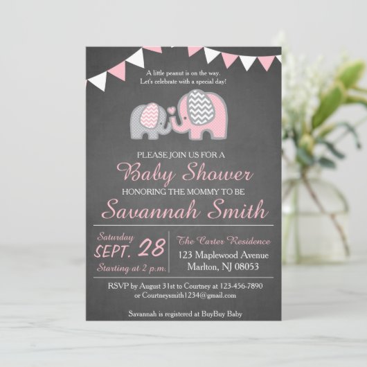 Elephant Baby Shower Invitations for a Girl Kaart (Staand voorkant)