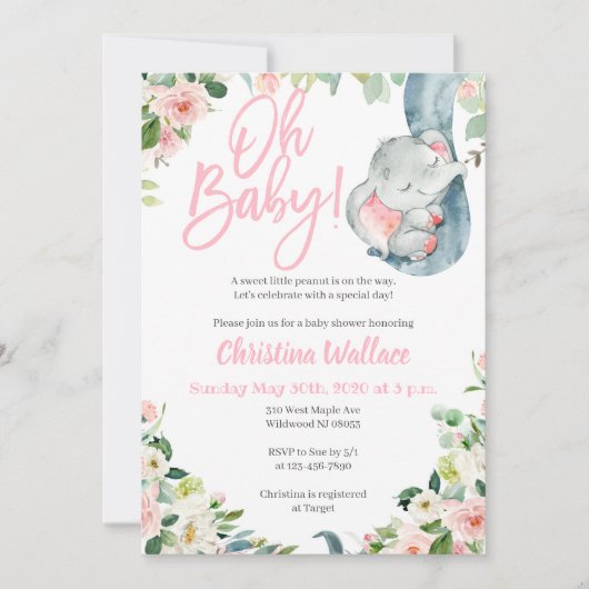 Elephant Baby Shower Invitations for a Girl Kaart (Voorkant)
