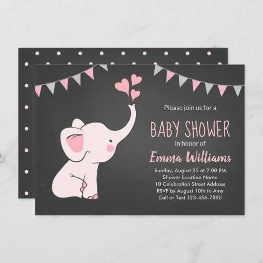 Elephant Baby Shower Invitations for a Girl Kaart (Voorkant / Achterkant)