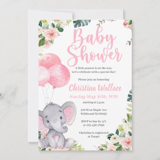 Elephant Baby Shower Invitations for Girls Kaart (Voorkant)