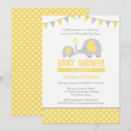 Elephant Baby Shower Invitations | Geel en grijs Kaart (Voorkant / Achterkant)