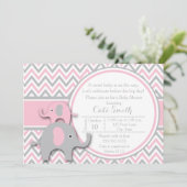 Elephant Baby Shower Invitations, Roze en grijs Kaart (Staand voorkant)