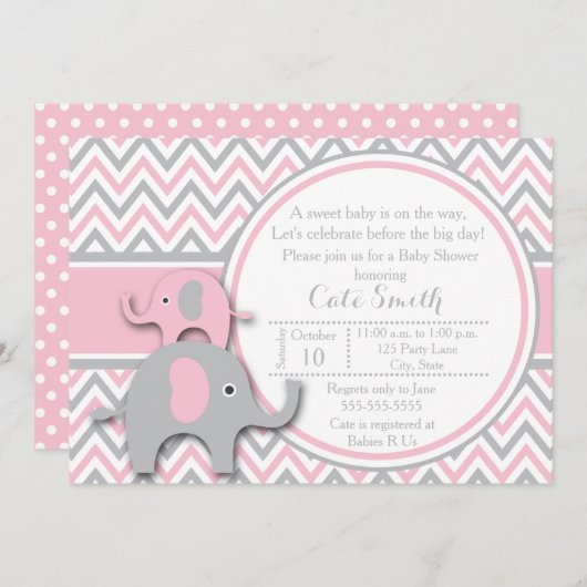 Elephant Baby Shower Invitations, Roze en grijs Kaart (Voorkant / Achterkant)