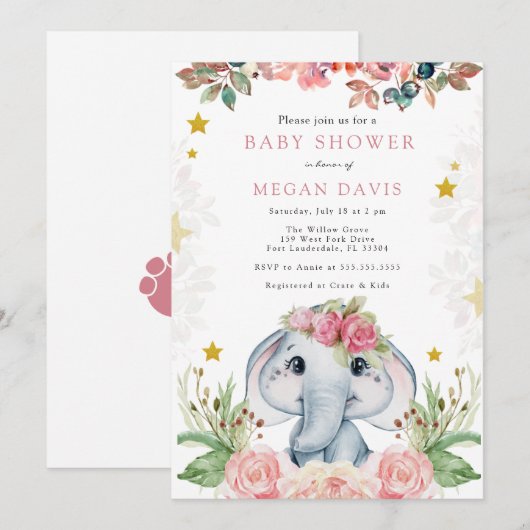 Elephant Baby Shower Invitations Roze ventilator Kaart (Voorkant / Achterkant)
