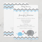 Elephant Baby shower Invite | Blauwe grijze Chevro Kaart (Voorkant / Achterkant)