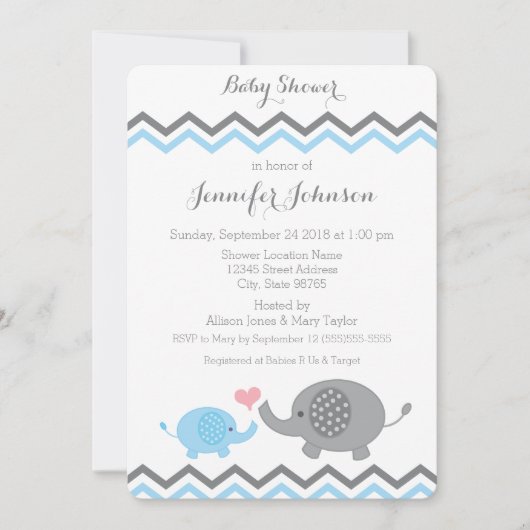 Elephant Baby shower Invite | Blauwe grijze Chevro Kaart (Voorkant)