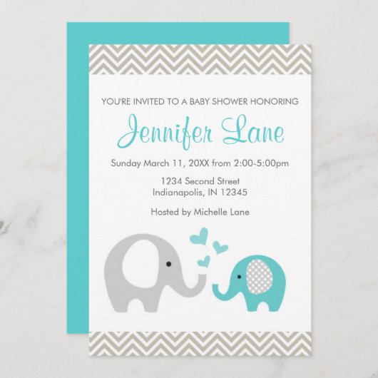 Elephant Baby shower Invite Boy Kaart (Voorkant / Achterkant)