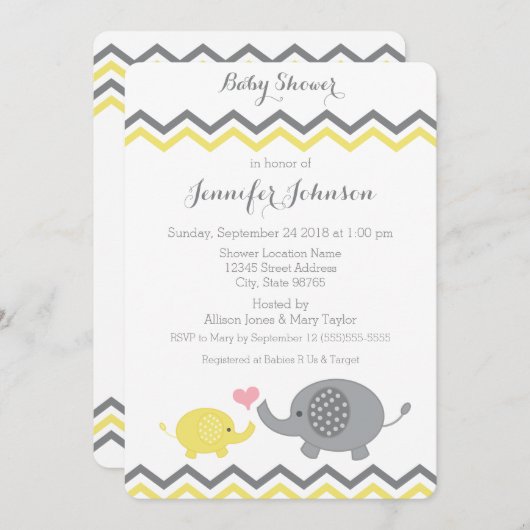 Elephant Baby shower Invite | Gele grijze Chevron Kaart (Voorkant / Achterkant)