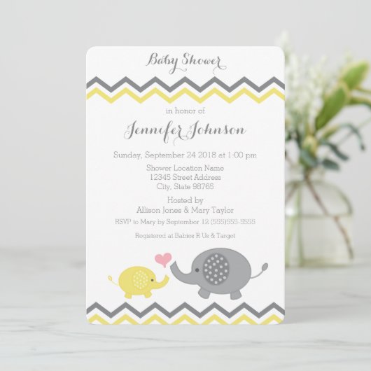 Elephant Baby shower Invite | Gele grijze Chevron Kaart (Staand voorkant)