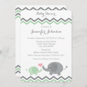 Elephant Baby shower Invite | Groene grijze Chevro Kaart (Voorkant / Achterkant)