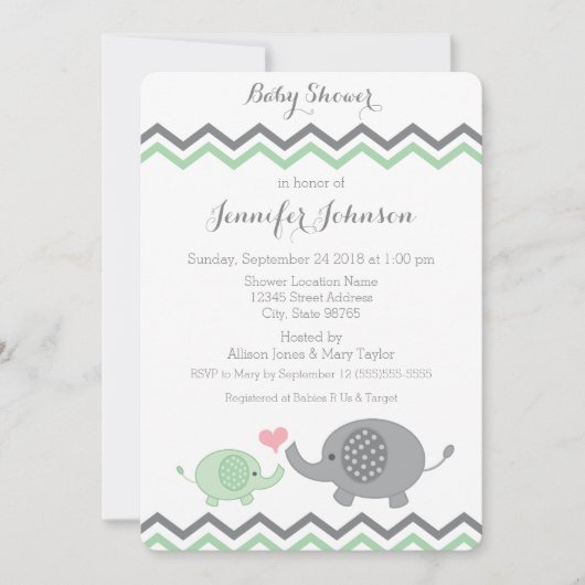 Elephant Baby shower Invite | Groene grijze Chevro Kaart (Voorkant)