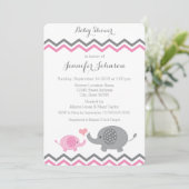 Elephant Baby shower Invite | Roze grijze Chevron Kaart (Staand voorkant)
