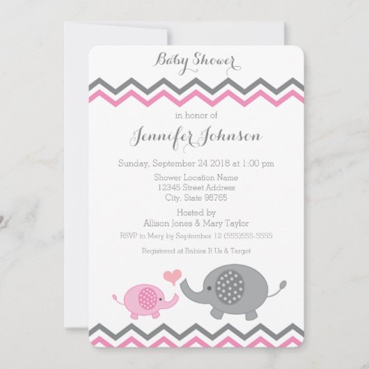 Elephant Baby shower Invite | Roze grijze Chevron Kaart (Voorkant)