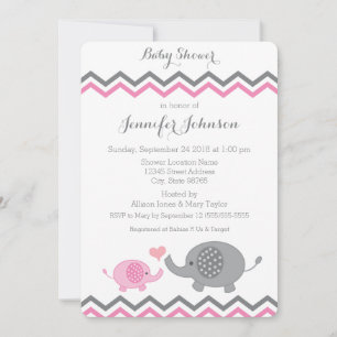 Elephant Baby shower Invite   Roze grijze Chevron Kaart