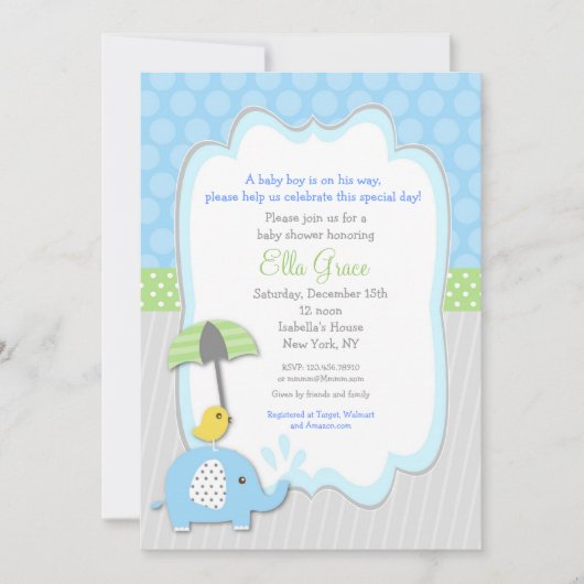 Elephant Baby Shower Invitting boy Kaart (Voorkant)