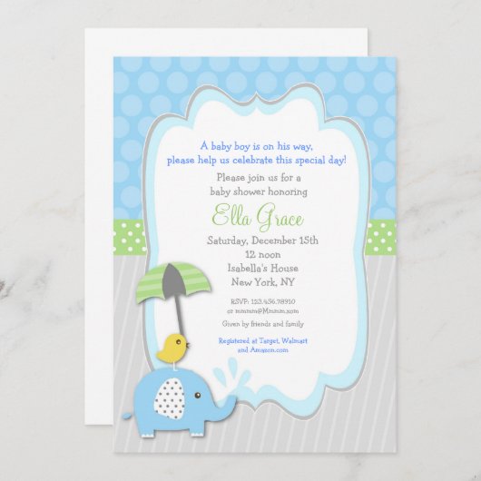 Elephant Baby Shower Invitting boy Kaart (Voorkant / Achterkant)