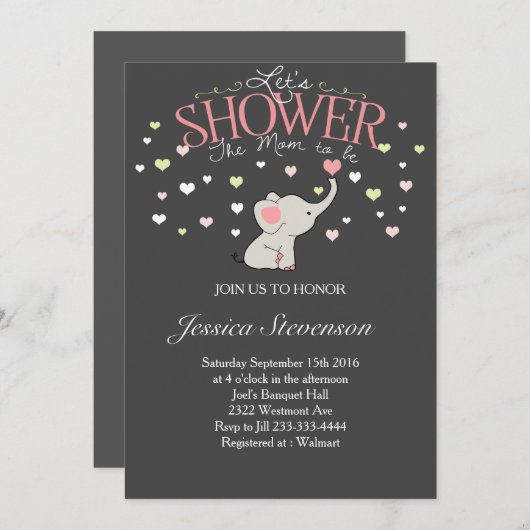 Elephant Baby shower nodigde het Heart Shower uit Kaart (Voorkant / Achterkant)