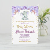 Elephant baby shower nodigmeisje paars goud kaart (Staand voorkant)