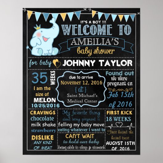 Elephant Baby shower Party chalkboard Boy Poster (Voorkant)
