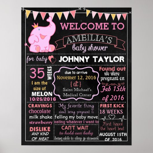 Elephant Baby shower Party chalkboard Girl Poster (Voorkant)