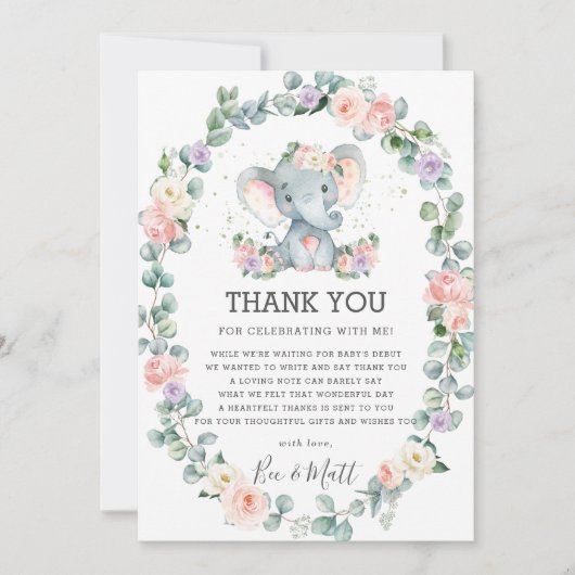 Elephant Baby shower Roze Paarse Floral Greenery Bedankkaart (Voorkant)