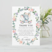 Elephant Baby shower Roze Paarse Floral Greenery Bedankkaart (Staand voorkant)