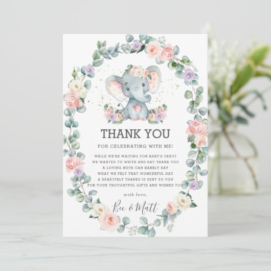 Elephant Baby shower Roze Paarse Floral Greenery Bedankkaart (Staand voorkant)