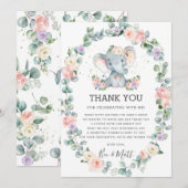 Elephant Baby shower Roze Paarse Floral Greenery Bedankkaart (Voorkant / Achterkant)