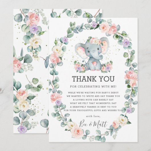Elephant Baby shower Roze Paarse Floral Greenery Bedankkaart (Voorkant / Achterkant)